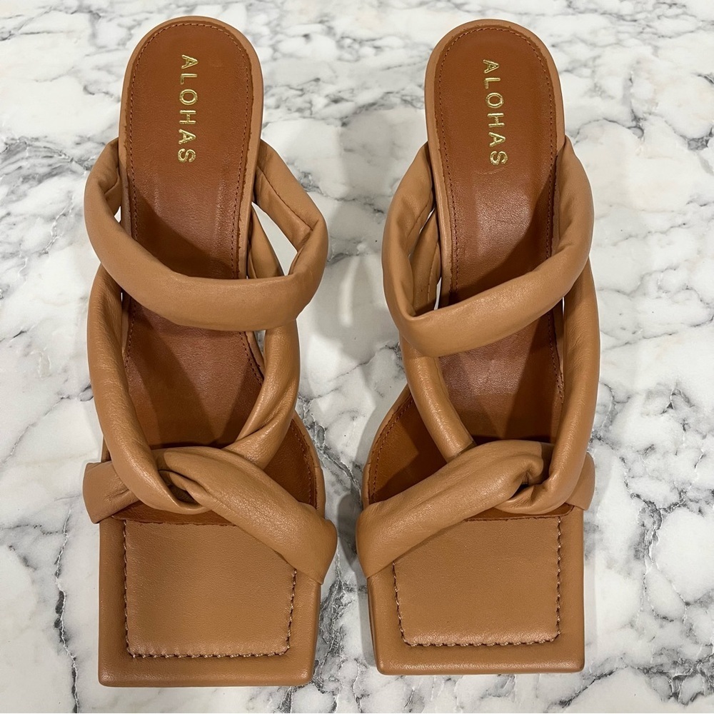 ALOHAS Amaretto mules twist strap leather heels sandals in camel brown size 10 - Picture 7 of 16